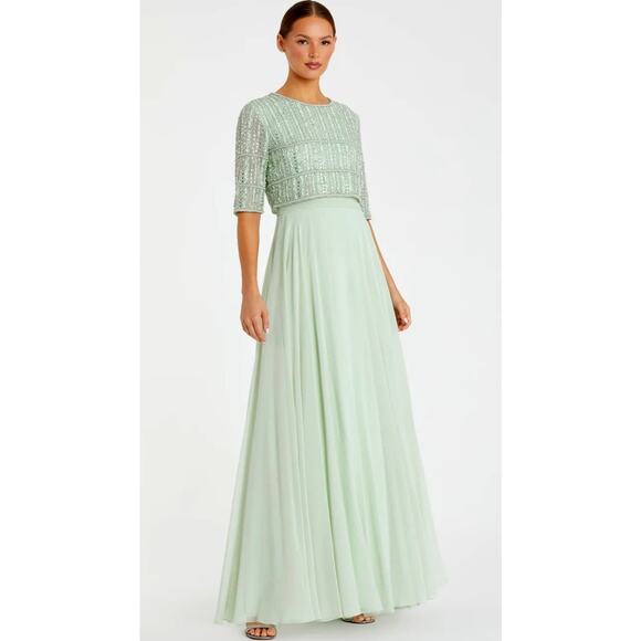 Mac Duggal  Green Chiffon Gown w/ Fully Beaded 3/4 Sleeves Size 16 - Picture 2 of 16